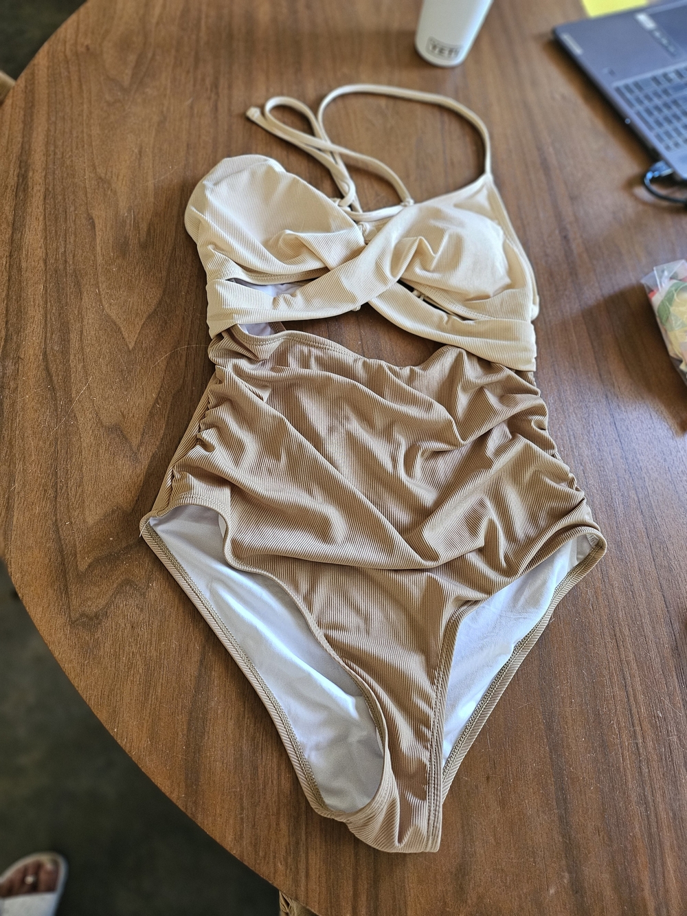 Cute Cream & Tan Ruched Sides, Halter Strappy Back One-Piece Swimsuit M